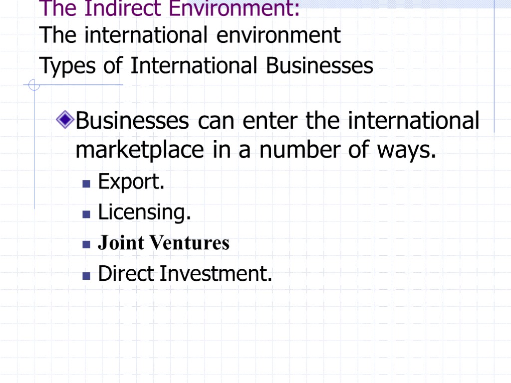 The Indirect Environment: The international environment Types of International Businesses Businesses can enter the